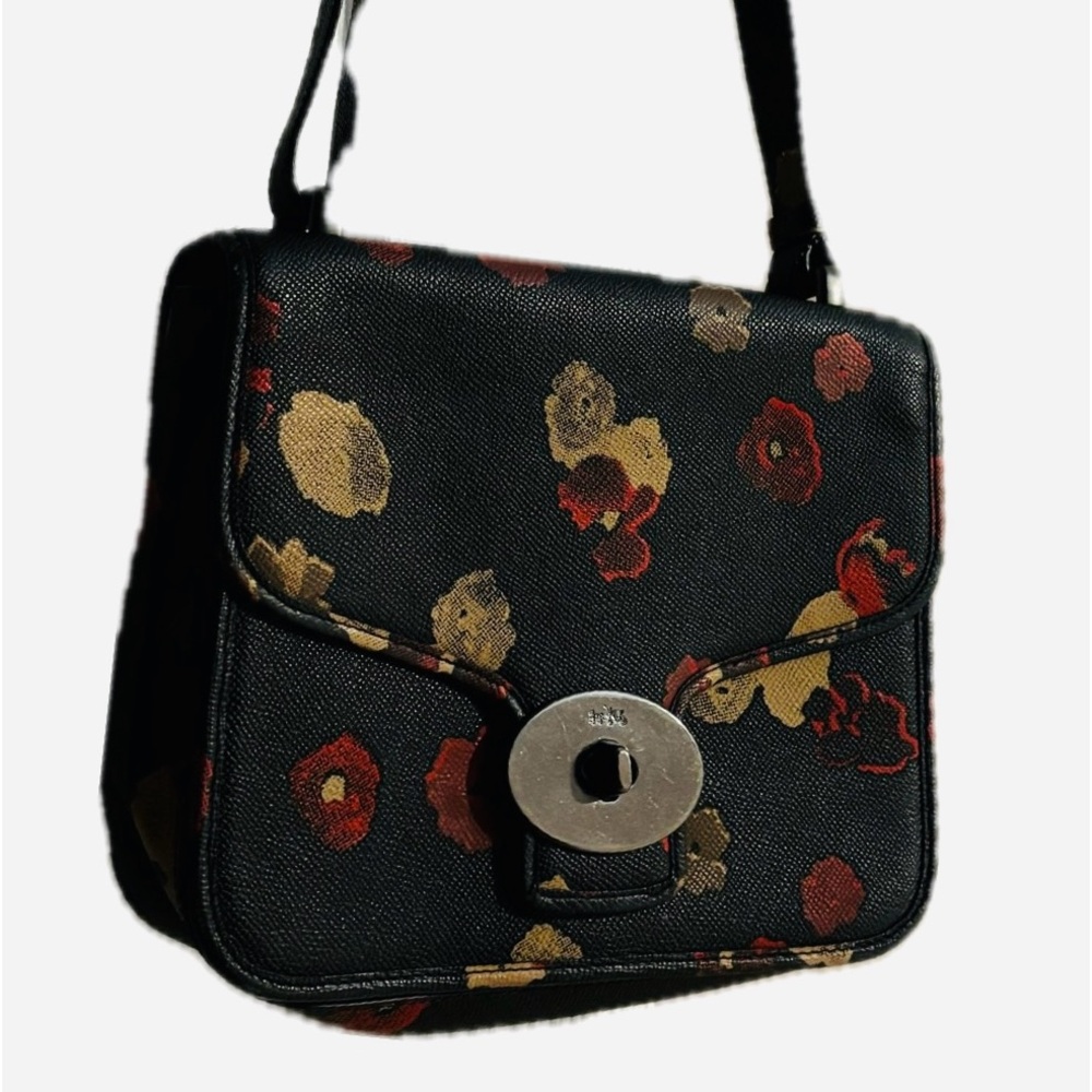 COACH structured crossbody.Black,floral,saffiano leather.V good condition!